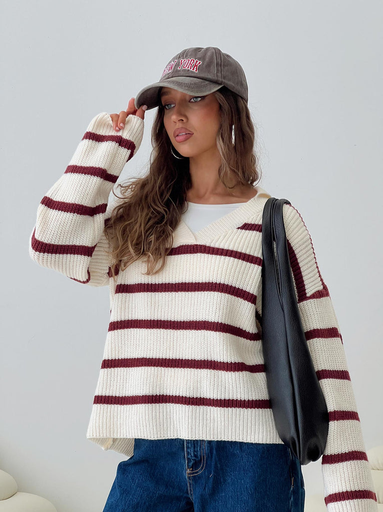 front view of model wearing Princess Polly Forte Knit Sweater Red / Cream Long 