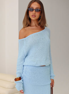 front view of model wearing Princess Polly Ravira Wide Neck Knit Sweater Blue cropped 