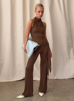 front view of model wearing Princess Polly Katiana Wrap Jersey Pants Brown Mid Rise Pants 