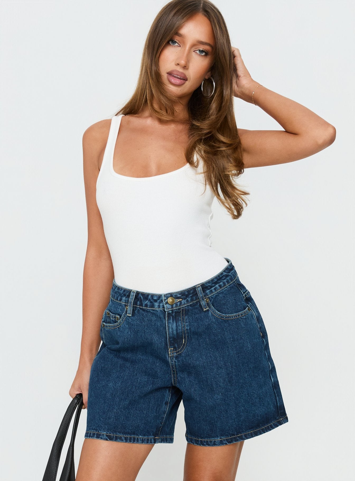 Lomaz Relaxed Longline Denim Shorts Mid Blue Wash | Princess Polly