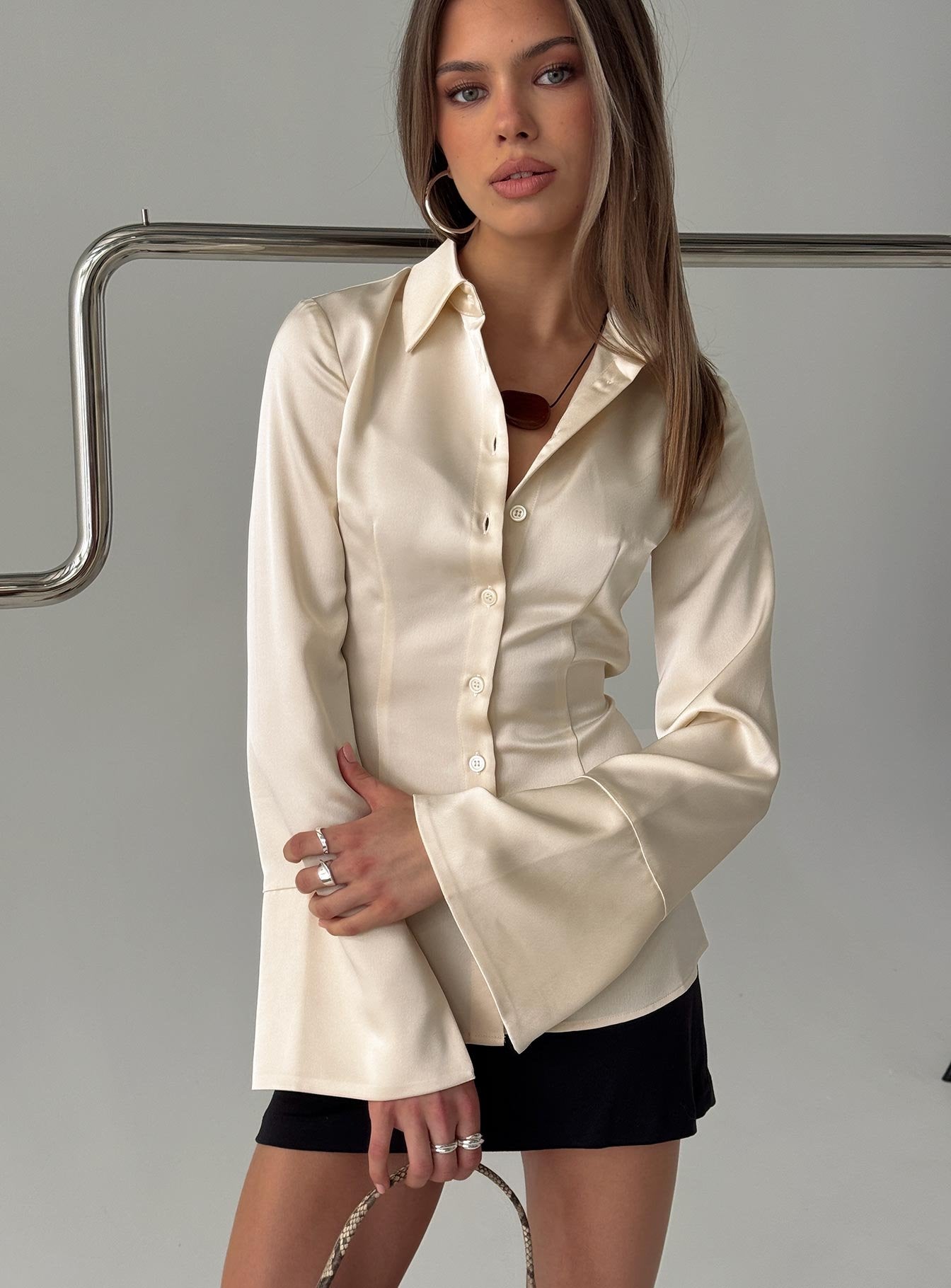 Emalona Long Sleeve Satin Top Cream