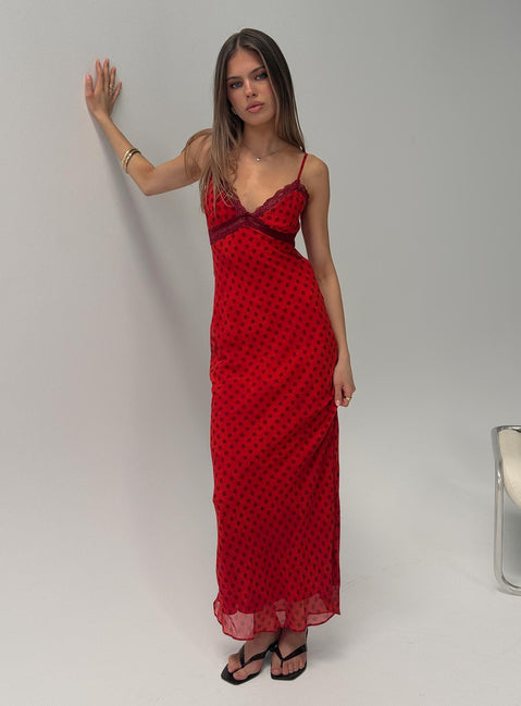 red polka dot lace dress Adasia Lace V Neck Maxi Dress | Red Polka Dot | Womens