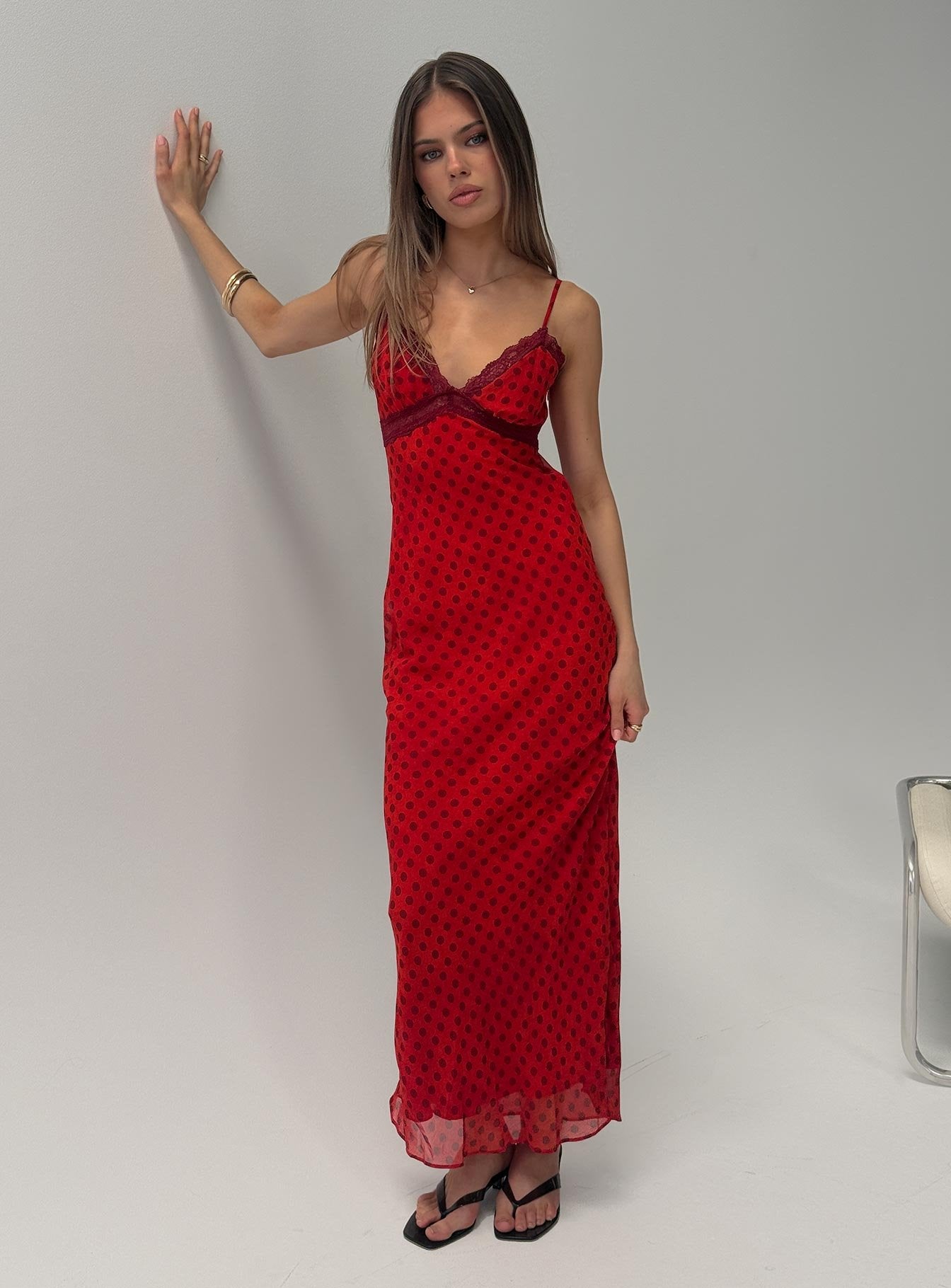 Adasia Lace V Neck Maxi Dress Red Polka Dot