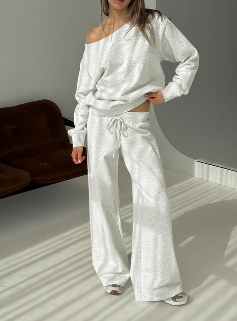 front view of model wearing Princess Polly Dodie Wide Leg Pants Grey Marle Mid Rise Pants 