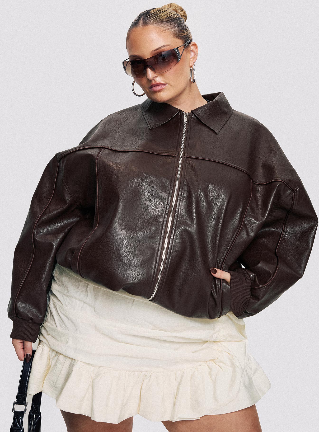 Goldsmith faux leather bomber jacket brown curve