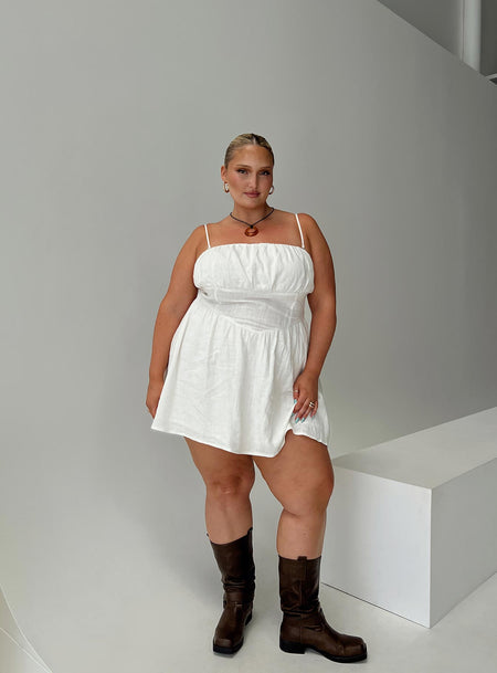 Princess Polly Curve  Linen mini dress Inner silicone strip at bust, adjustable shoulder straps, ruched bust, shirred band at back, invisible zip fastening at back, waist tie fastening Non-stretch material, fully lined  Princess Polly Lower Impact