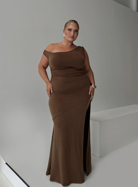 Rios One Shoulder Maxi Dress Brown Curve | Princess Polly Rios One Shoulder Maxi Dress Brown Curve | Princess Polly