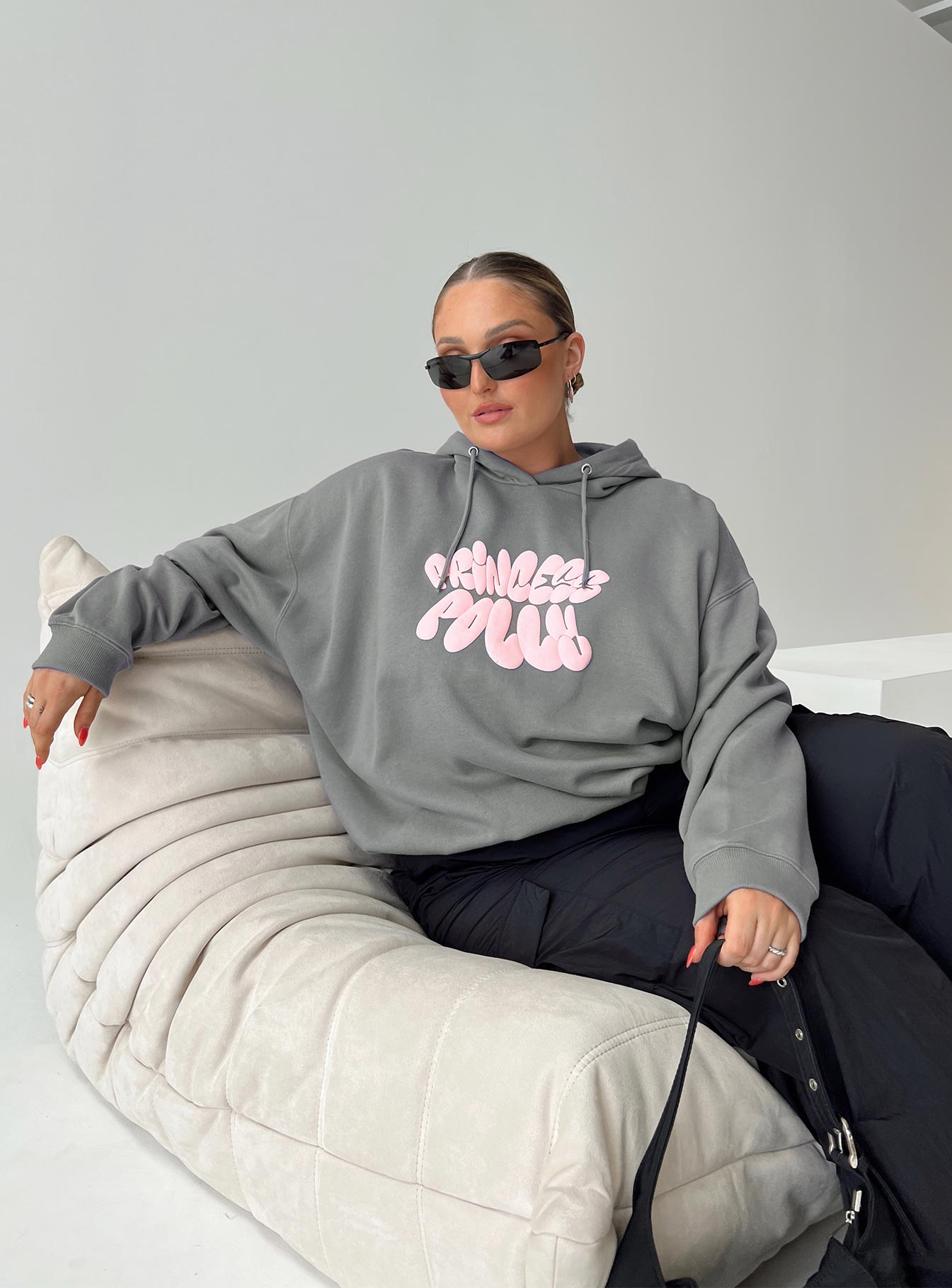 Princess polly hooded sweatshirt bubble text charcoal / light pink curve