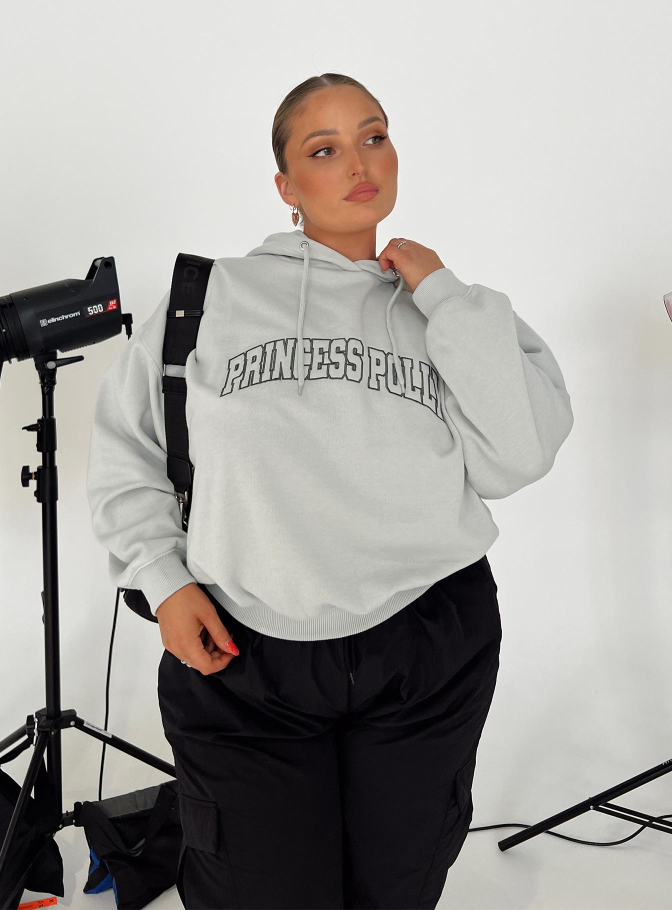 Princess Polly Hooded Sweatshirt Collegiate Text Grey / Green Curve Princess Polly  regular 