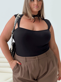 front view of model wearing Princess Polly Halia Bodysuit Black Curve Sleeveless Scoop Neck 