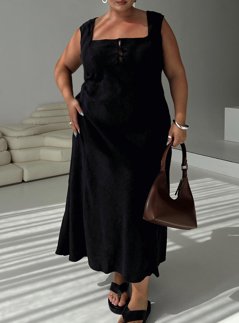 front view of model wearing Princess Polly Chosen Girl Linen Blend Maxi Dress Black Curve Square Neck 