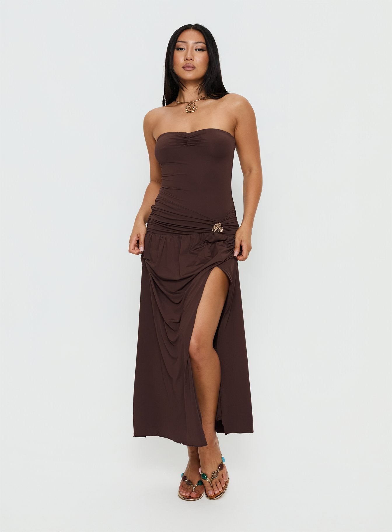 Alexe Strapless Ruched Maxi Dress | Chocolate | Womens