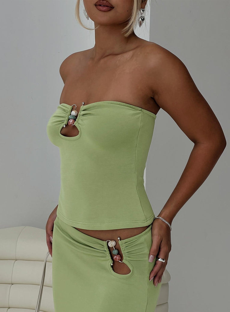 back view of model wearing Princess Polly Sun Chaser Strapless Top Green Sleeveless Sweetheart 