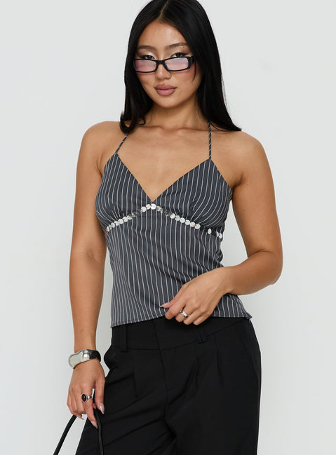 Zenas Sequin Detail Halter Top Grey Pinstripe