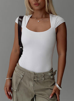 front view of model wearing Princess Polly Want You Forever Bodysuit White Short Sleeves 