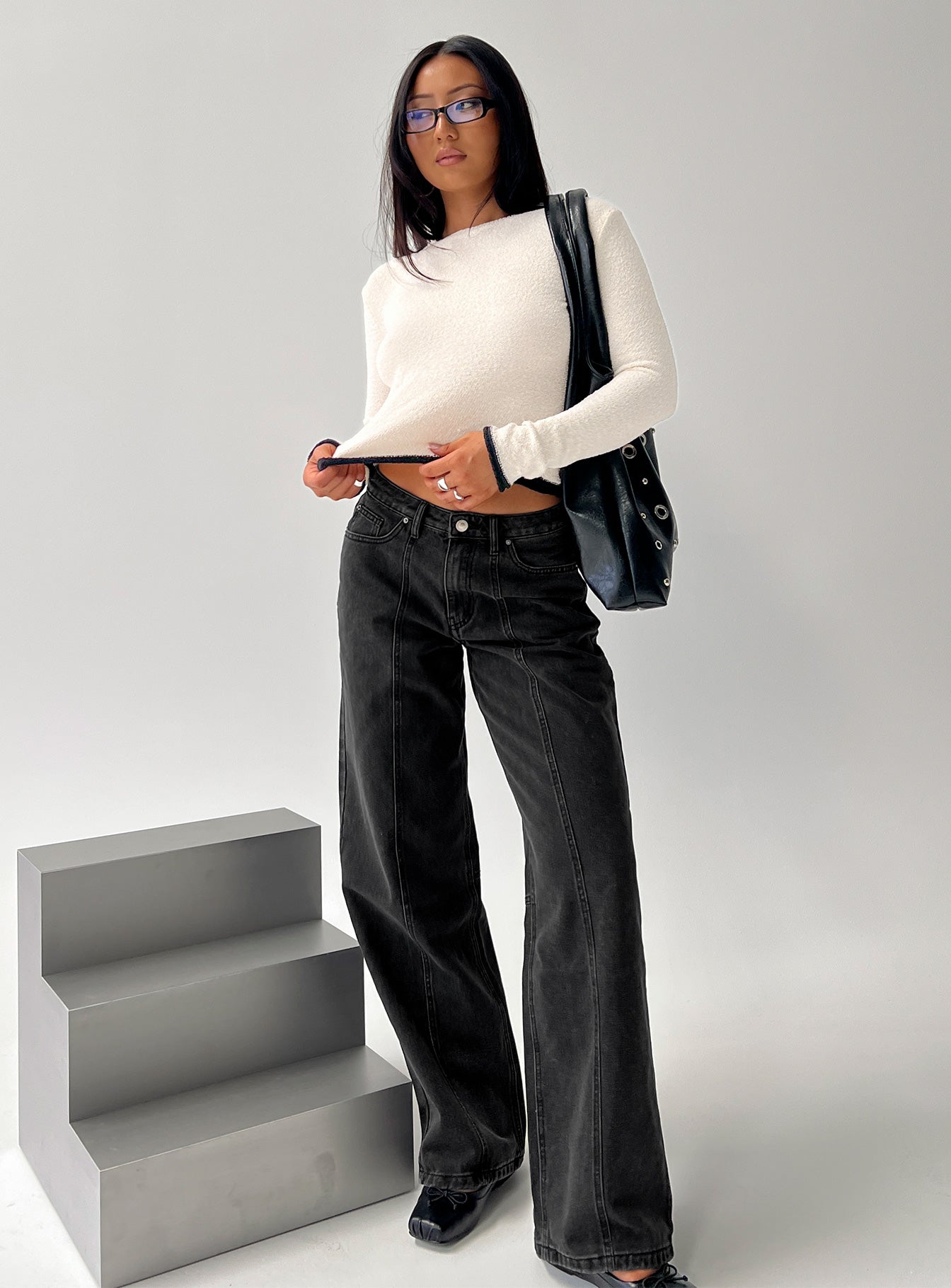 front view of model wearing Princess Polly Lando Low Rise Straight Leg Jeans Washed Black Low Rise Jeans 