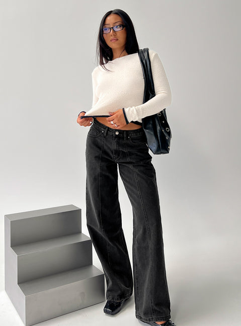 front view of model wearing Princess Polly Lando Low Rise Straight Leg Jeans Washed Black Low Rise Jeans 