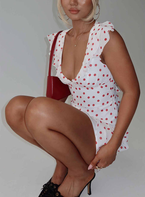 side view of model wearing Princess Polly I Guess So Mini Dress White / Burgundy Plunger 