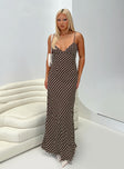 front view of model wearing Princess Polly Jorjana Polka Maxi Dress Brown / White Plunger 