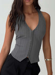 front view of model wearing Princess Polly Anatolius Top Pinstripe Grey Sleeveless V-Neck 