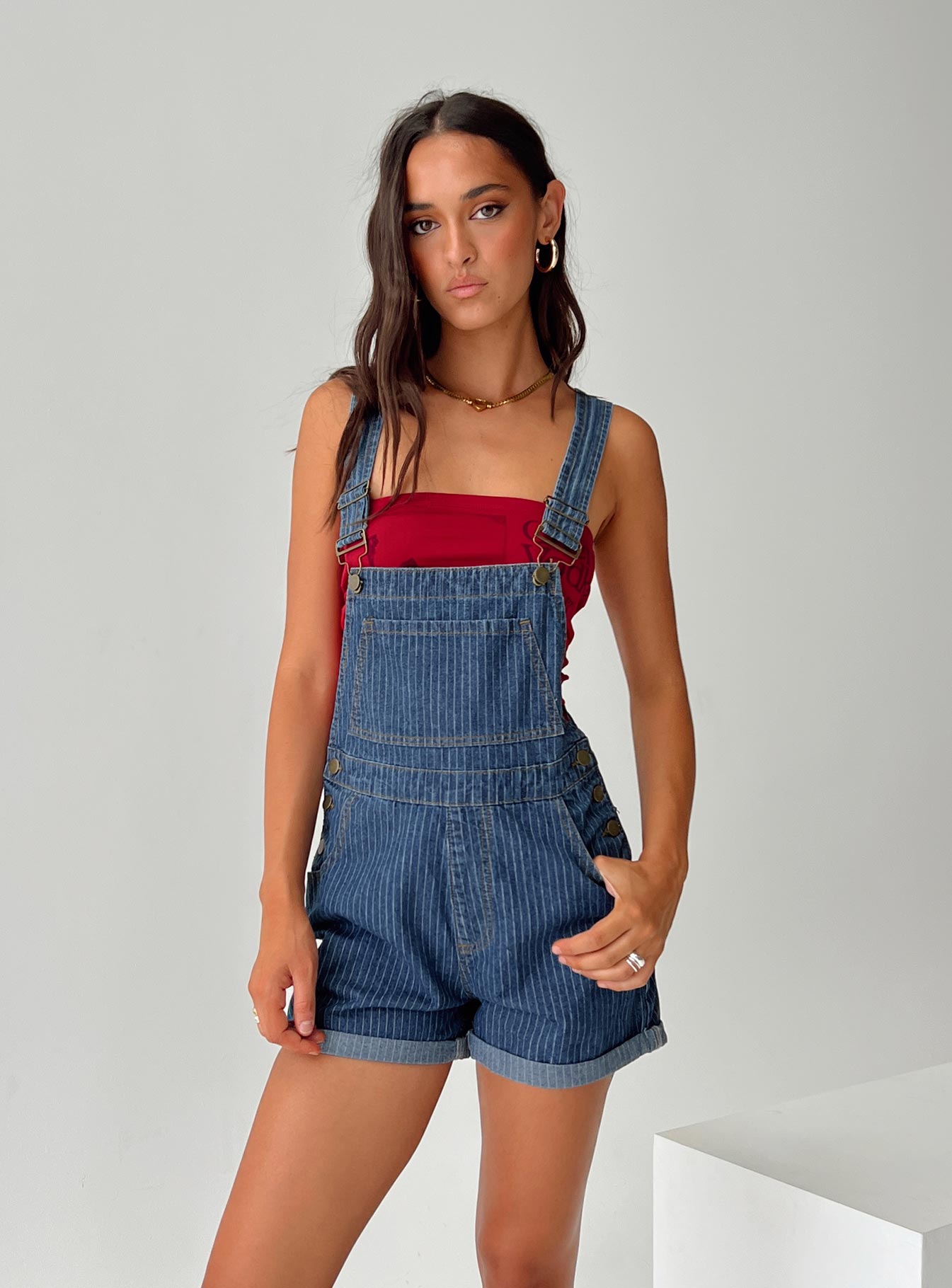 Kacey overalls mid blue pinstripe