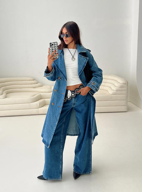 denim trench coat dress Double Breasted Belted Long Denim Trench Coat