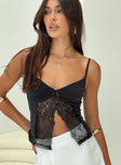 front view of model wearing Princess Polly Marcio Lace Top Black Sleeveless Sweetheart 