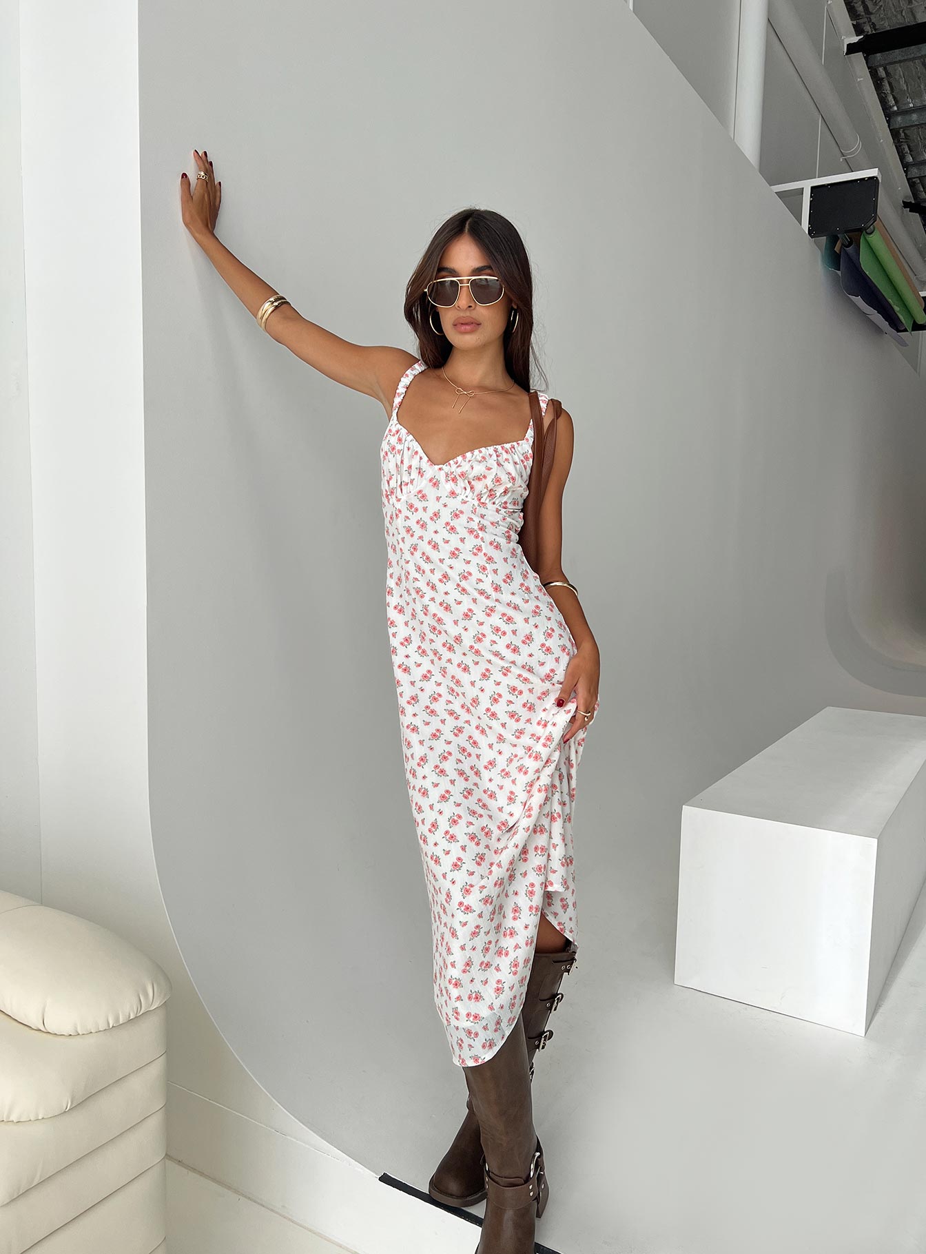 Georgia Midi Dress White / Pink Floral | Princess Polly Georgia Midi Dress White / Pink Floral | Princess Polly