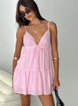 front view of model wearing Princess Polly Nicoletta Mini Dress Light Pink Petite Plunger 