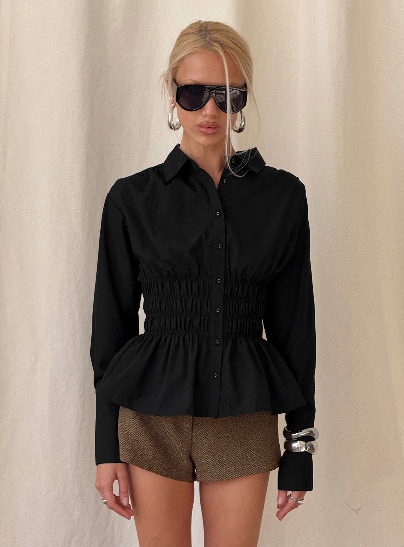 As You Are Shirred Button Up Top Black
