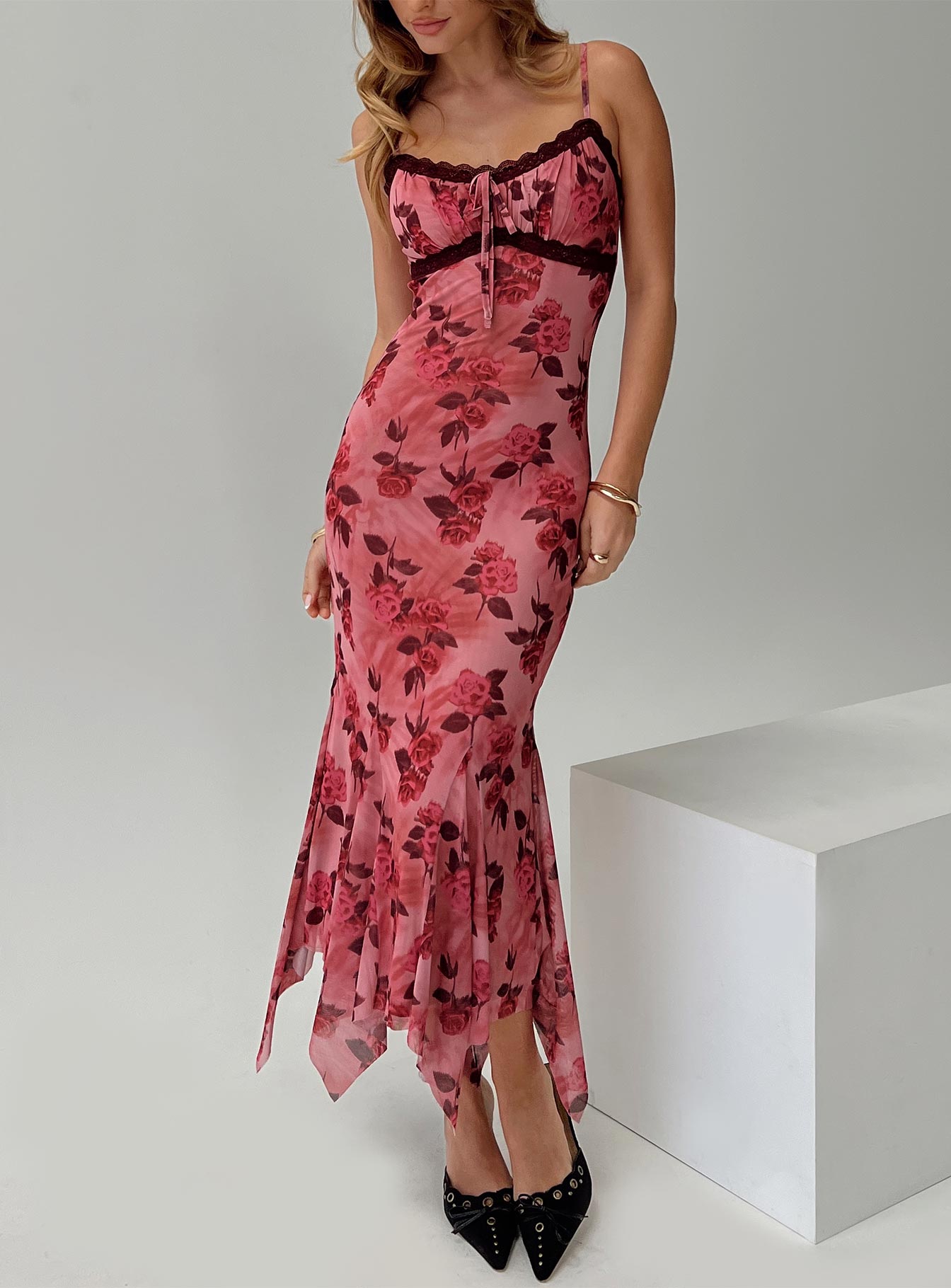 back view of model wearing Princess Polly Eirini Maxi Dress Pink Floral V-Neck 