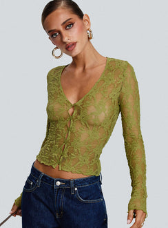 front view of model wearing Princess Polly Prized Possessions Sheer Button Up Top Green Full Sleeves Plunger 