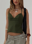 front view of model wearing Princess Polly Hopelessly Devoted Top Forest Green Sleeveless Plunger 