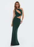 front view of model wearing Princess Polly Diablo Cut Out Maxi Dress Forest Green Asymmetric Neckline 