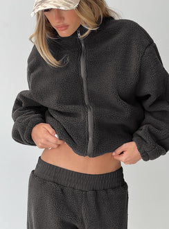 front view of model wearing Princess Polly Siberia Fleece Zip Up Jumper Charcoal regular 