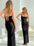 back view of model wearing Princess Polly Cerda Knit Maxi Dress Black Square Neck 