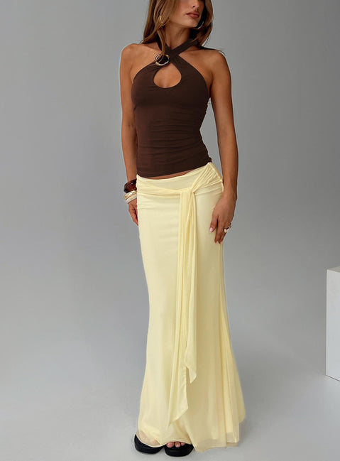   front view of model wearing Princess Polly Caviar Tie Maxi Skirt Lemon 