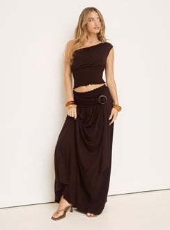   side view of model wearing Princess Polly Full Orbit Shirred Maxi Skirt Chocolate Brown Maxi Skirts 