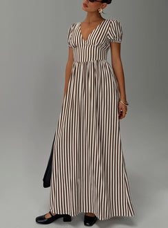 front view of model wearing Princess Polly Collyns Maxi Dress Beige Pinstripe V-Neck 
