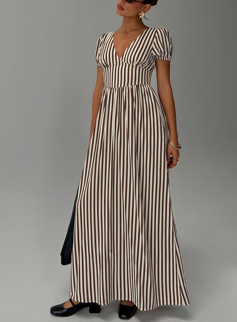 front view of model wearing Princess Polly Collyns Maxi Dress Beige Pinstripe V-Neck 