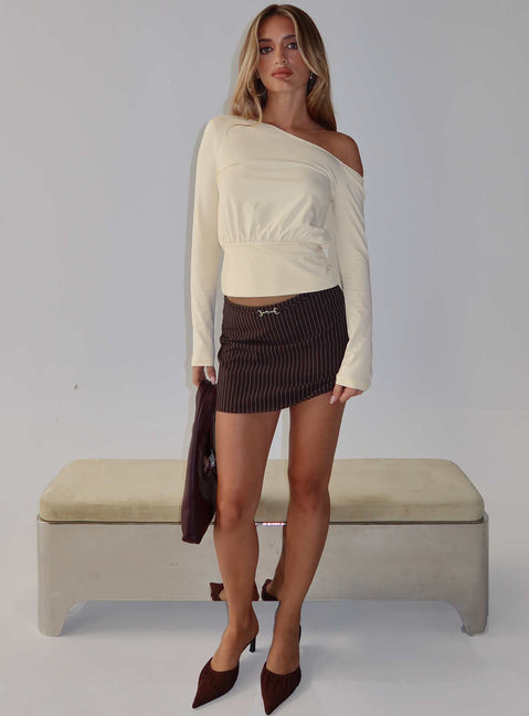   front view of model wearing Princess Polly Yellena Buckle Mini Skirt Brown Pinstripe Mini Skirts 
