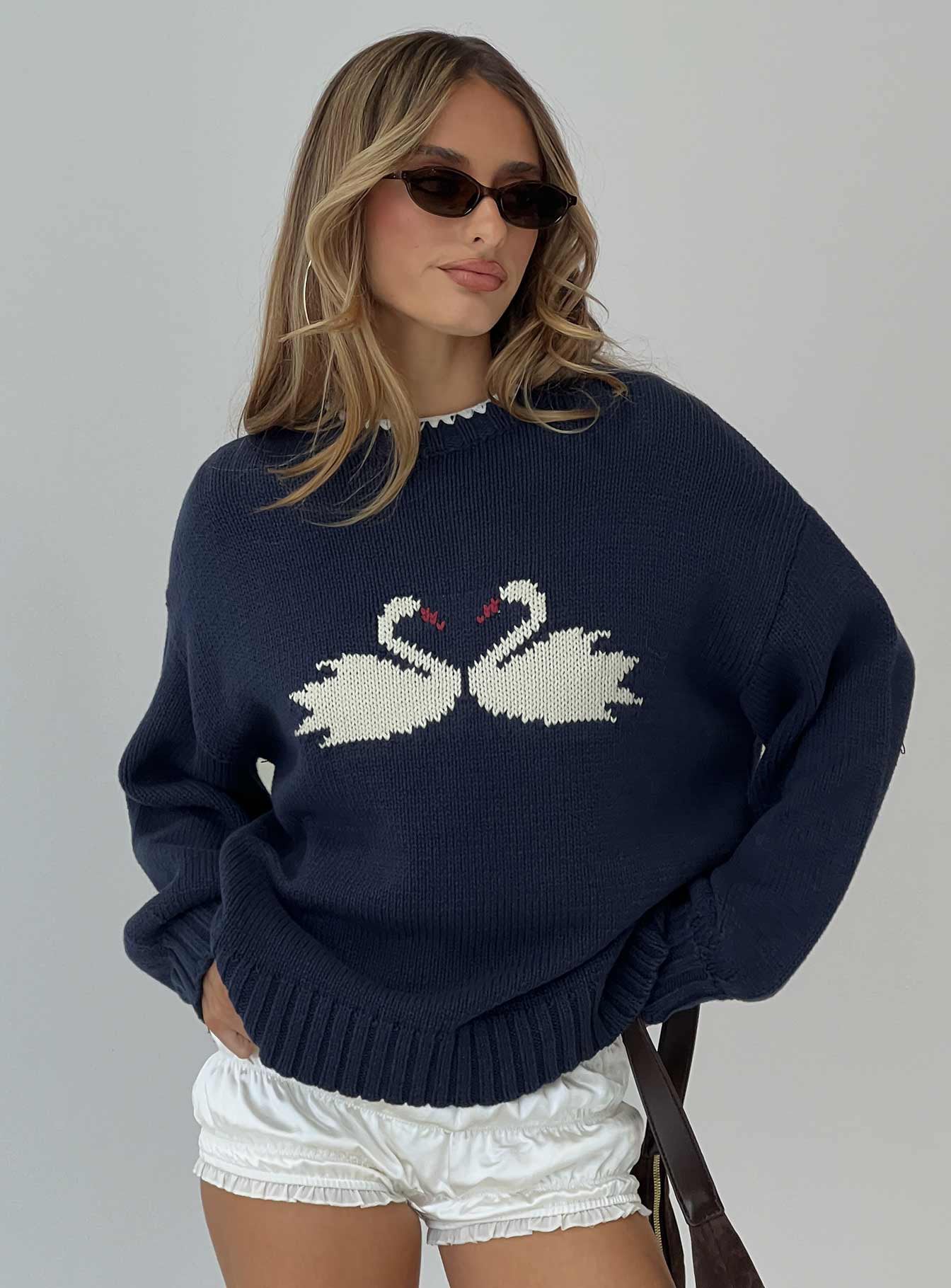 Swan Lake Love Knit Sweater Navy | Princess Polly