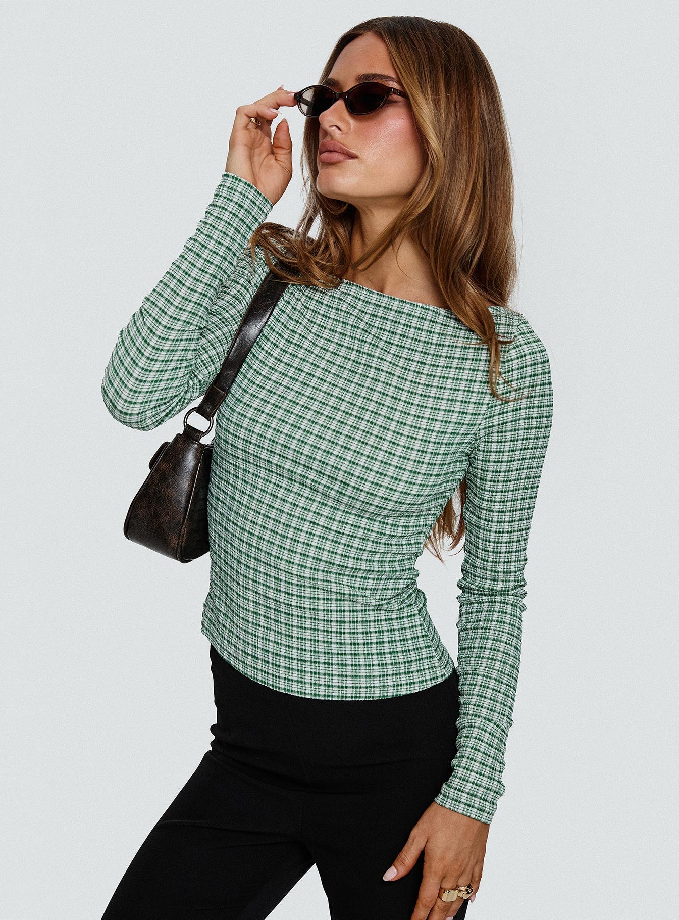 front view of model wearing Princess Polly Every Second Boat Neck Long Sleeve Top Green Check Full Sleeves Boat Neck 