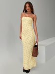 front view of model wearing Princess Polly Brydie Strapless Maxi Dress Yellow Floral Straight Neck 