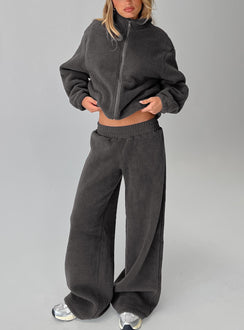 front view of model wearing Princess Polly Siberia Fleece Track Pant Charcoal Mid Rise Pants 