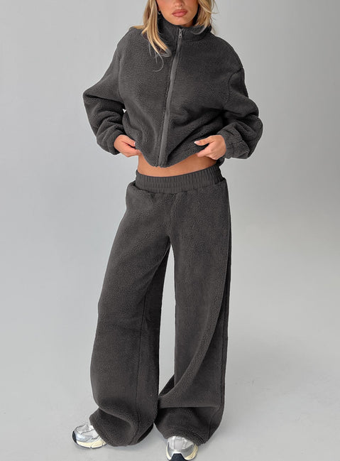 front view of model wearing Princess Polly Siberia Fleece Track Pant Charcoal Mid Rise Pants 