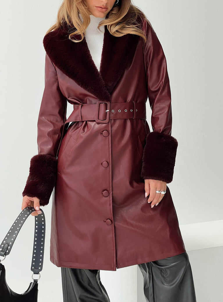 Brooklyn Faux Leather Longline Coat Burgundy