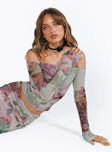 Long sleeve top Floral print Mesh material Off the shoulder design Good stretch Lined body