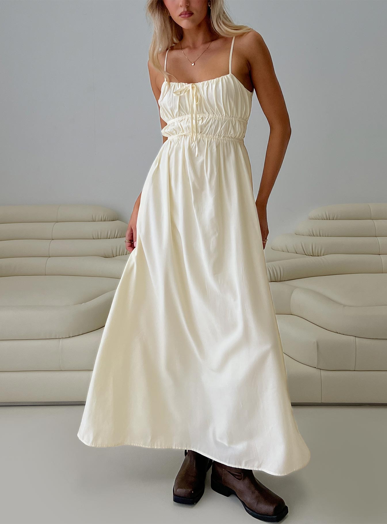 front view of model wearing Princess Polly Violeta Tiered Maxi Dress Cream Square Neck 