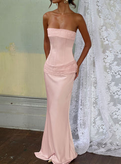 Sura Strapless Lace Detail Maxi Dress Pink